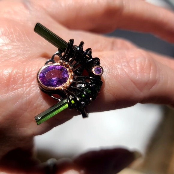 UNIQUE Green Rutilated Tourmaline & Amethyst cocktail 🍸 ring sz 8.5 - Picture 6 of 9
